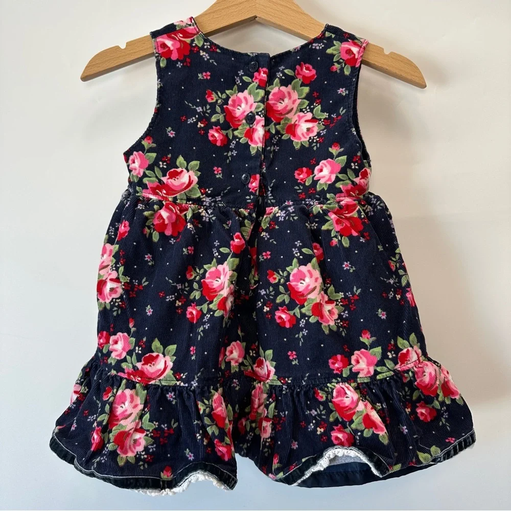 VTG OshKosh‎ B’Gosh Baby Girls 12M Corduroy Dress Cross Front Navy Roses Ruffle